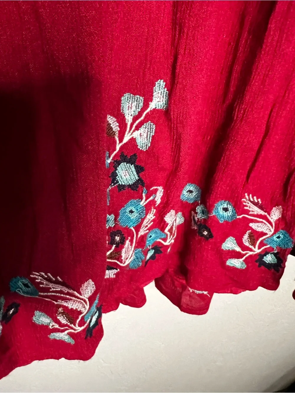 Free People Te‎ Amo Red Blue Floral Embroidered V Neck Babydoll Mini Dress